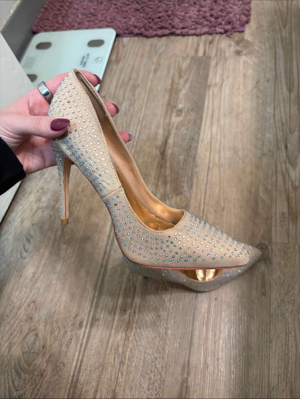 Anne Michelle Beige Crystal-Studded Pointed Toe Stiletto